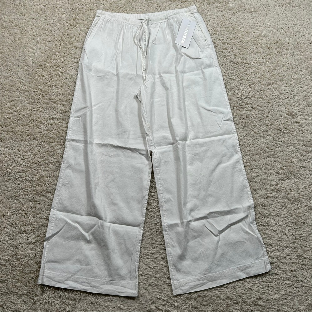 Athleta Paradise Wide Leg Pant Large White Linen Blend Drawstring 29" Inseam New